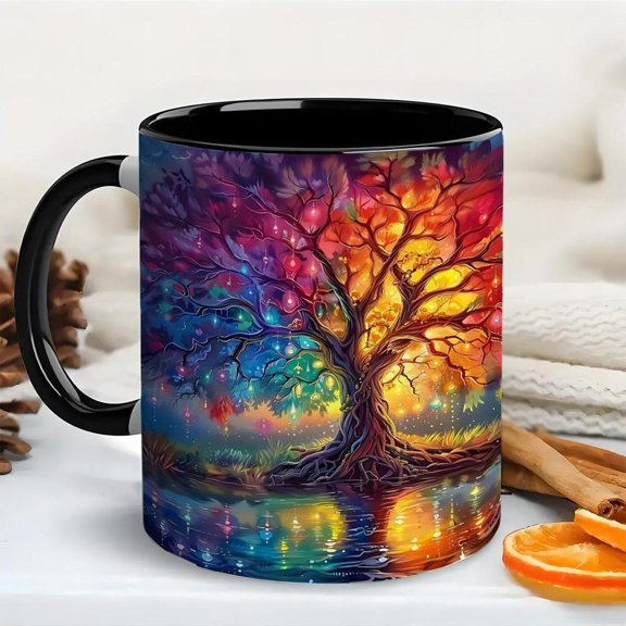 1pc 11oz Ceramic Coffee Mug with Tree Design Vibrant Multicolor Tree with Purple Yellow Red Green Orange Pink Brown