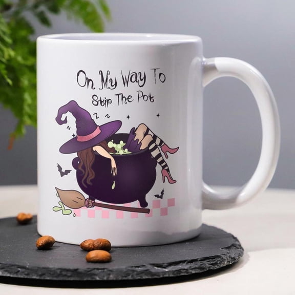 1pc 11oz Black White and Ceramic Coffee Tea Mug featuring a Stir Pot design showing a witch resting in a cauldron Halloween or everyday use