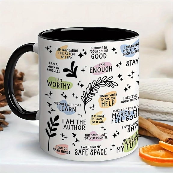 1pc 11oz Ceramic Inspirational Quotes Coffee Mug with Positive Affirmations Uplifting Words Motivational Self Care Design Dishwasher Reusable Cup Wome