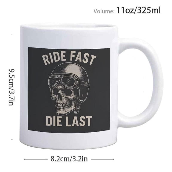 1pc 11oz Ceramic Motorcycle Skull Coffee Mug with Ride Fast Die Last Biker Design Funny Motorcycle Riders Men Women Home Office Use Durable White Blac