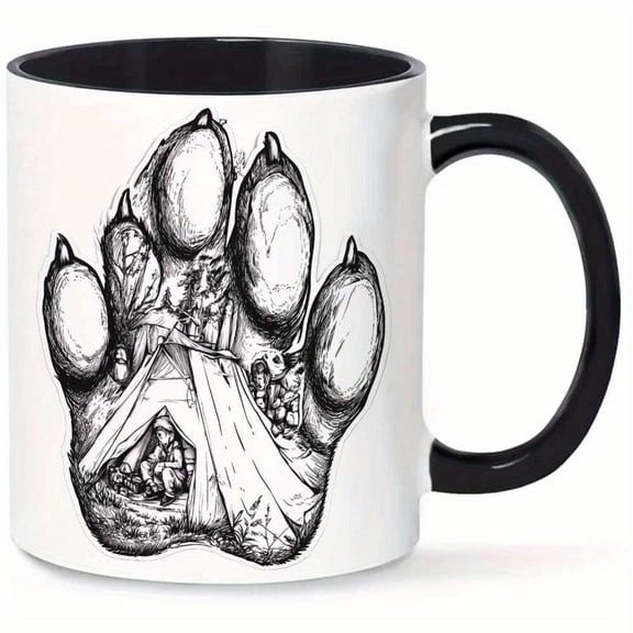 1pc 11oz Ceramic Mug with Bear Paw Camping Scene Illustration Outdoor Adventure Theme Durable Coffee Cup Camping Enthusiasts Nature Lovers Kitchen Din