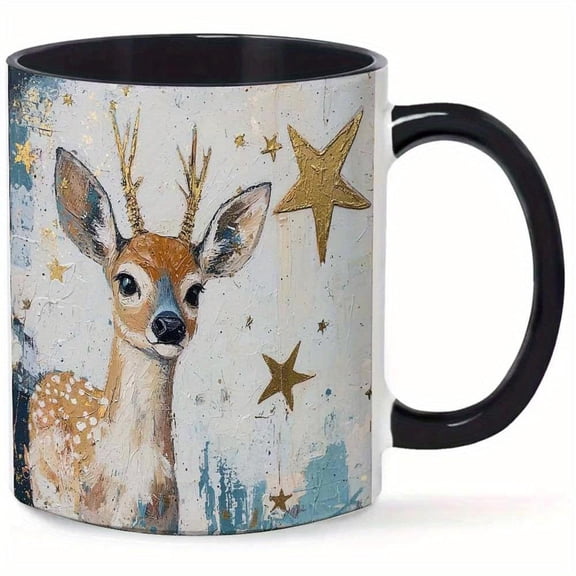 1pc 11oz Ceramic Mug with Bold Strokes Deer Illustration Golden Stars Modern Art Design Durable Heat Resistant Coffee Cup Kitchen Dining or Kitchen Co
