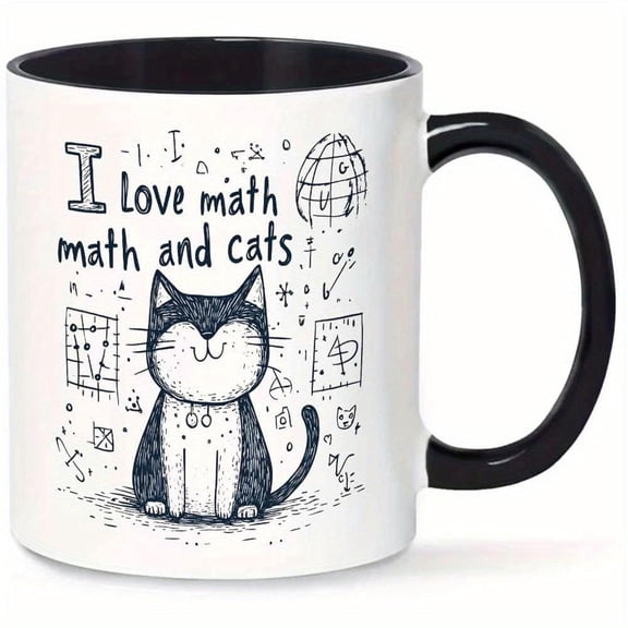 1pc 11oz Ceramic Mug Cute with Math I Love Math and Cats Text Educational Pet Themed Math Enthusiasts Students Teachers Lovers Pet Lover Contrasting Handle Ceramic Coffee Mug Lover Gifts