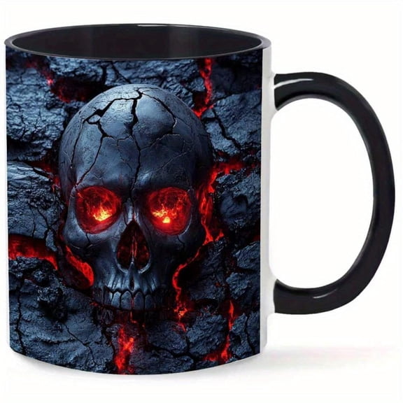 1pc 11oz Ceramic Mug Dark Fantasy Skull Emerging from Lava with Glowing Red Eyes Black Coffee Cup Office Reading Camping Durable Heat Retaining Design Skull Coffee Mug