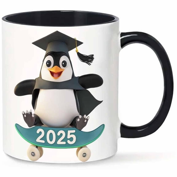 1pc 11oz Ceramic Mug Graduation Design with Stacked Books Black Cap Skateboarding Penguin 2025 Commemorative Academic Achievement Durable Coffee Cup G