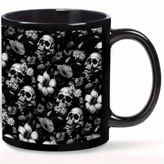 1pc 11oz Ceramic Mug with Intricate Skull and Floral Design Black Gothic Style Halloween Christmas and Everyday Use Everyday Drinkware Bold Pattern Mug Durable Drinkware