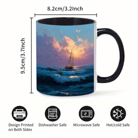 1pc 11oz Ceramic Mug with Oil Painting Seascape Design Sunset Sailboat Scene Reusable Coffee Cup Hot Cold Drinks Holidays Office and Home Use Coffee Bar Accessorie