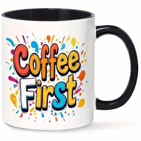 1pc 11oz Ceramic Mug with Playful Coffee First Splash Design in Bright Colors Black Coffee Cup Office Reading Camping Durable Vibrant Kitchenware Offi
