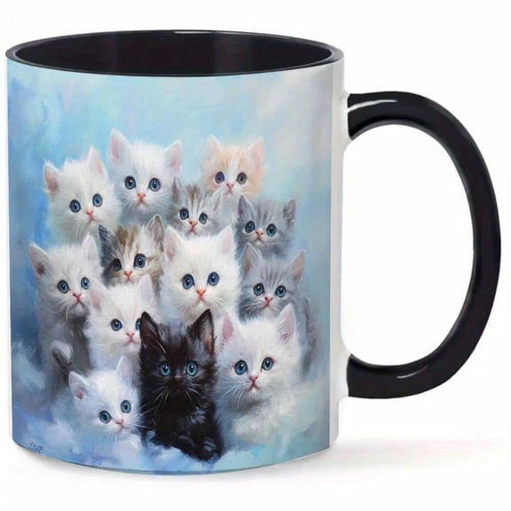 1pc 11oz Ceramic Mug with Realistic Fluffy Kittens Oil Painting Design Cozy Blue and White Gradient High Quality Office Camping or Reading Coffee Travel Mug