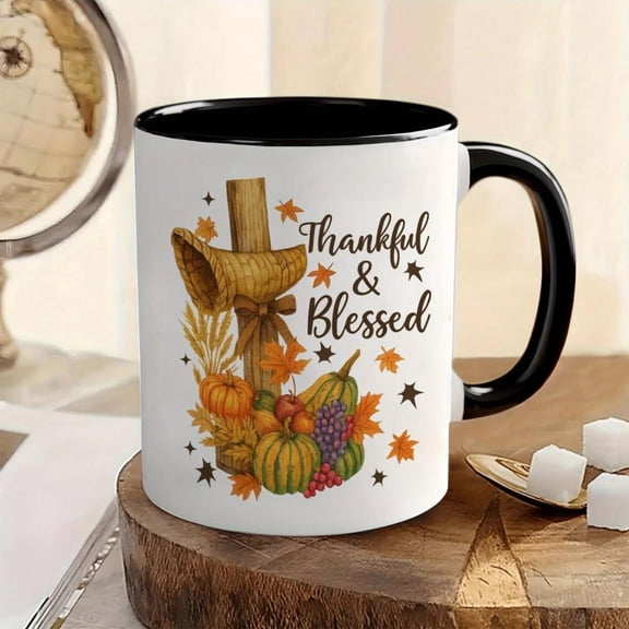 1pc 11oz Ceramic Mug With Thankful Autumn Harvest Design Fall Thanksgiving Coffee Cup Dishwasher Reusable Cup With Pumpkin Leaf Berry Print Warm Orange Brown Colors Hot Drinks Fami