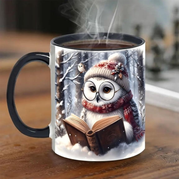 1pc 11oz Ceramic Owl Mug with Double Sided Winter Owl Snowy Forest Design Book Loving Owl with Glasses Beanie Coffee Cup Durable Tea Cocoa Cup Women Ideal Christmas Valentine s Halloween