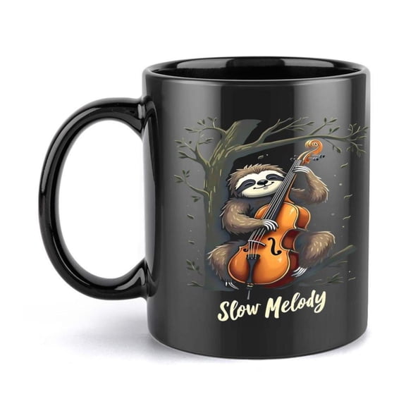 1pc 11oz Ceramic Sloth Playing Cello Coffee Mug Slow Melody Design Black with Orange Accents Whimsical Music Nature Themed Musicians Birthdays Holidays Musical Item Artistic Illust