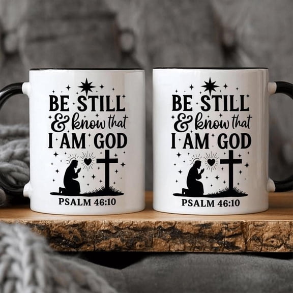 1pc 11oz Christian Bible Verse Coffee Mug with Psalm 10 Be Still Know I Am God Inspirational Ceramic Tea Cup Praying Hands Cross Design Church Daily D