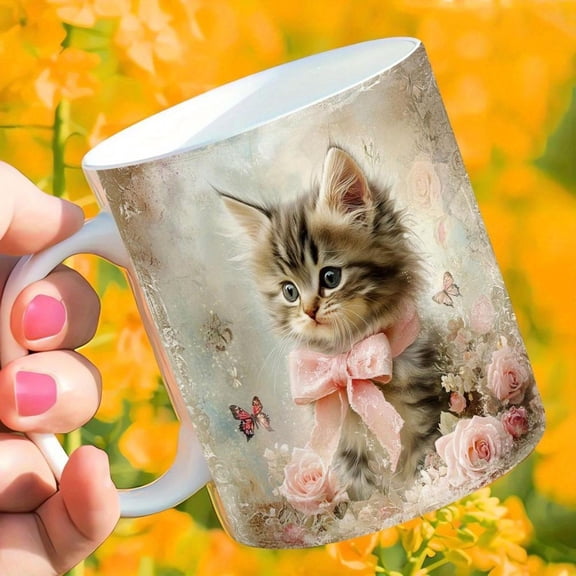 1pc 11oz Coffee Mug Cup Pink Bow Roses Coffee Tea Milk Wine Ideal Birthday Holiday Spring Home Decor Mug Decorative Cup Ceramic Drinkware Coffee Bar Accessories Kitchen Decor and Accessories