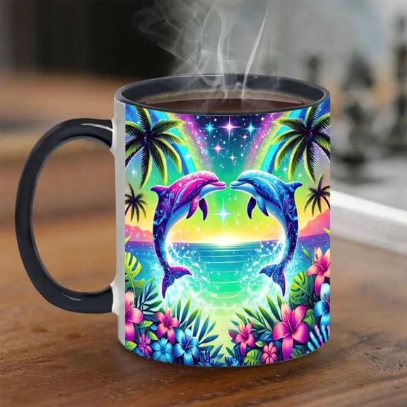 1pc 11oz Dolphin Ceramic Mug Vibrant Tropical Design with Leaping Dolphins Trees Starry Sky Coffee Tea Milk or Hello Spring Home Decor Easter Best Father Day