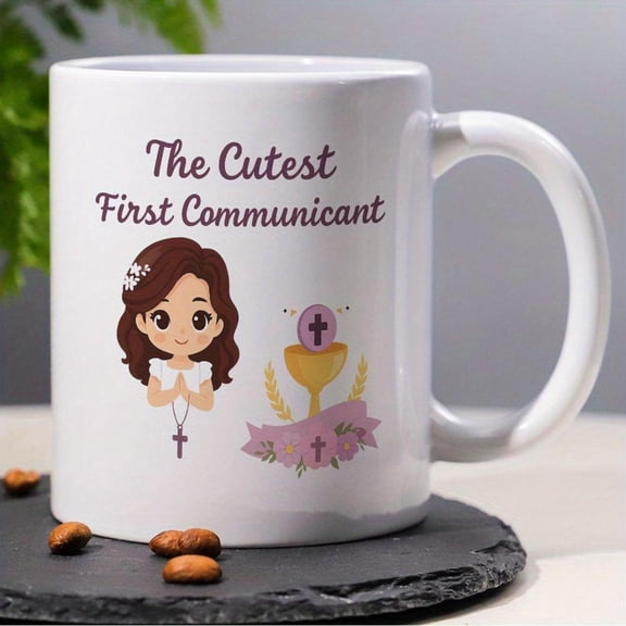 1pc 11oz First Girl Ceramic Mug Pink White Catholic Doll like Cup with Cross Chalice The Cutest Communicant Design Microwave Tea Coffee Cup Religious