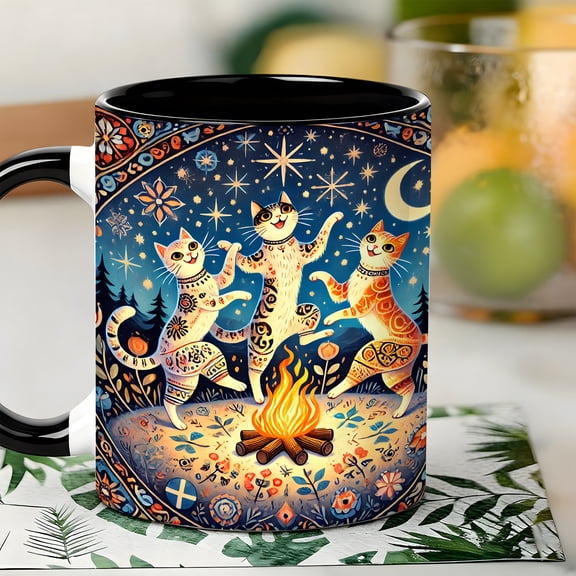 1pc 11oz Folk Art Style Ceramic Mug | Dancing Cats Campfire Pattern Coffee Tea Cup, Unique Drinkware for Cat Lovers, Art Enthusiasts, Birthday Gift, Home Office Decor, Festival Present, Reusable