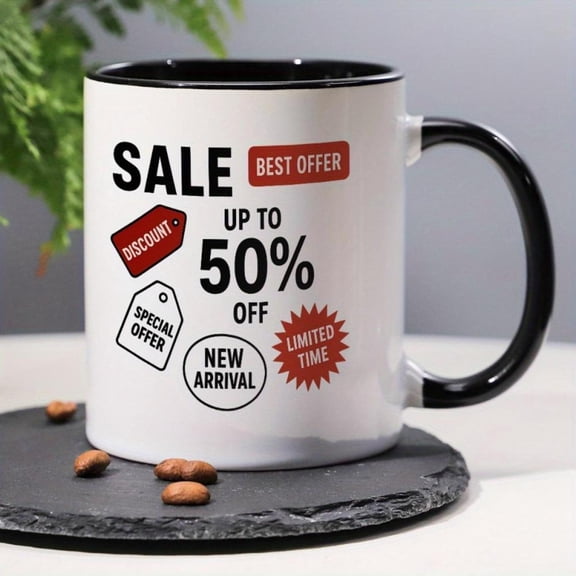 1pc 11oz Funny Deal Themed Coffee Mug Up to 50 Off Best Offer Limited Time Special New Arrival White with Black Lettering Red Accents Humorous Novelty