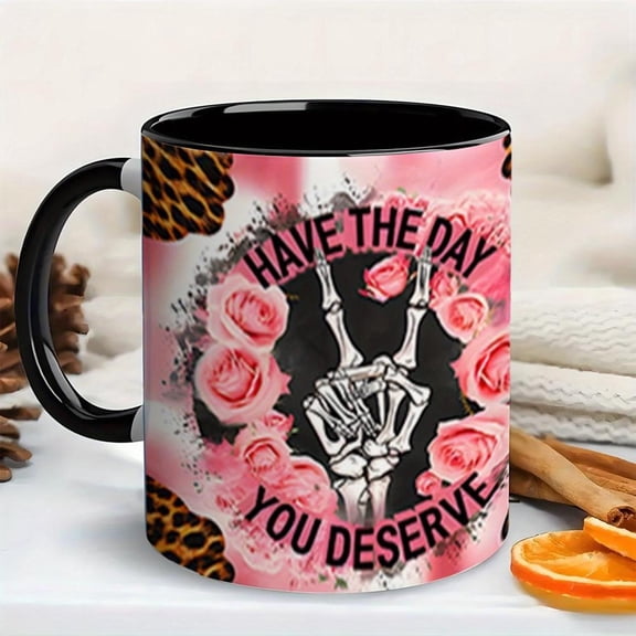 1pc 11oz Gothic Punk Coffee Mug with Skeleton Hand Design Pink Black Edgy Cup with Leopard Print Accent Dishwasher Reusable Cup Women Men Adults Gothi