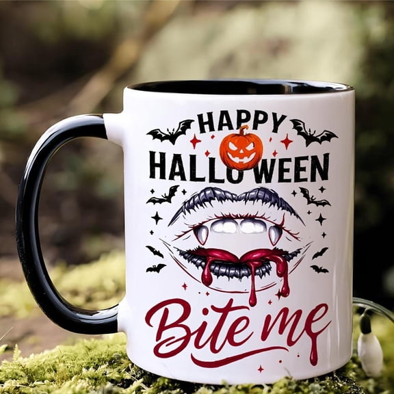 1pc 11oz Halloween Bite Me Novelty Coffee Mug Spooky Vampire Bat Bloody Lips Design with Happy Halloween Lettering Cup Kitchen Home Office Funny Hallo