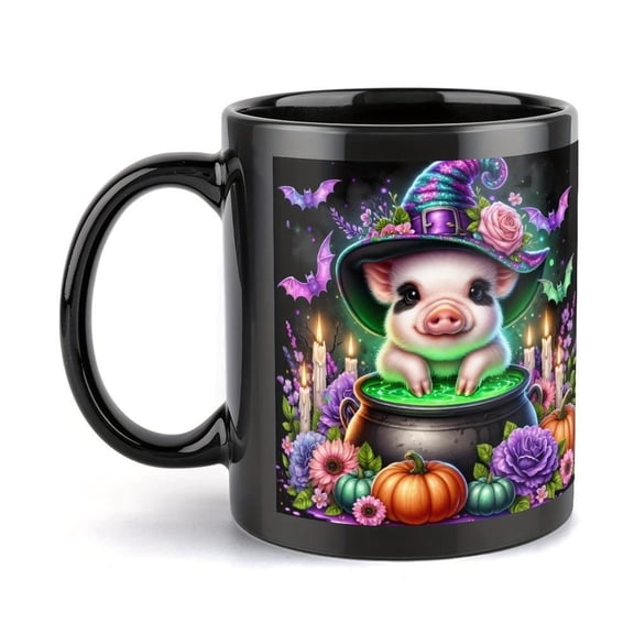 1pc 11oz Halloween Ceramic Mug with Cute Pig Witch Hat Cauldron Design Spooky Bats Pumpkins Roses Box Included Portable Coffee Cup Camping Travel Birthday Son