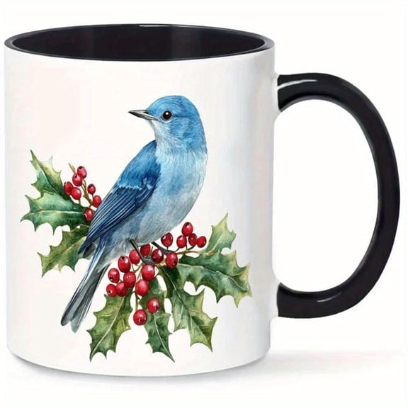 1pc 11oz High Quality Ceramic Mug with Blue Bird Winterberry Branch Design Nature Themed Art Bird Conservation Dishwasher Microwave Ideal Home and Kitchen Use