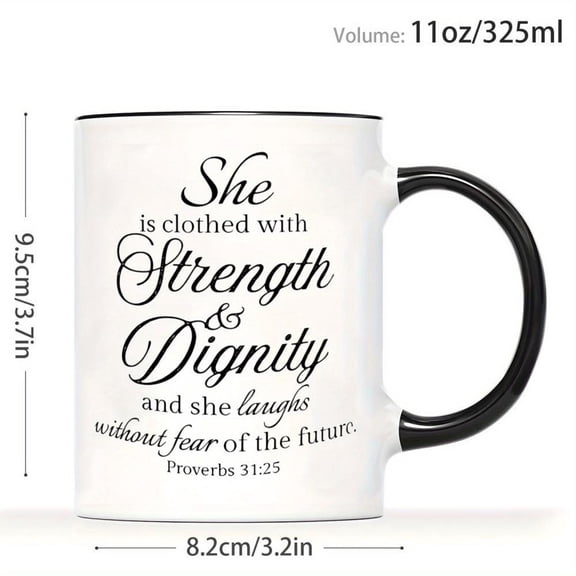 1pc 11oz Inspirational Bible Verse coffee mug Proverbs 31 25 Christian Quote coffee cup Strength Dignity Themed Design Religious Scripture Printed Wom