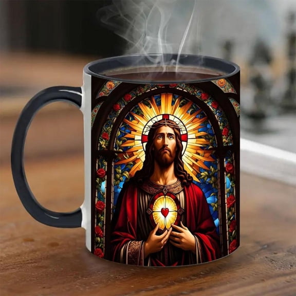 1pc 11oz Inspirational Jesus Porcelain Mug with Stained Glass Sacred Art Vibrant Religious Design Coffee Cup Tea Juice Hot Beverages Hand Wash Only Ea