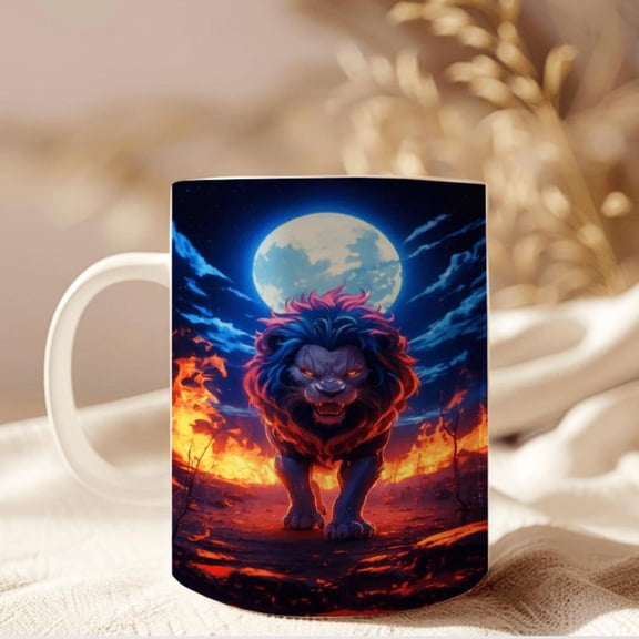 1pc 11oz Lion Themed Ceramic Coffee Mug with Double Sided Comfort Grip Durable Dishwasher Microwave Vibrant Lion Moon Artwork Office Home Reading Holiday Adults Family Friends Office Drinkware Coffee