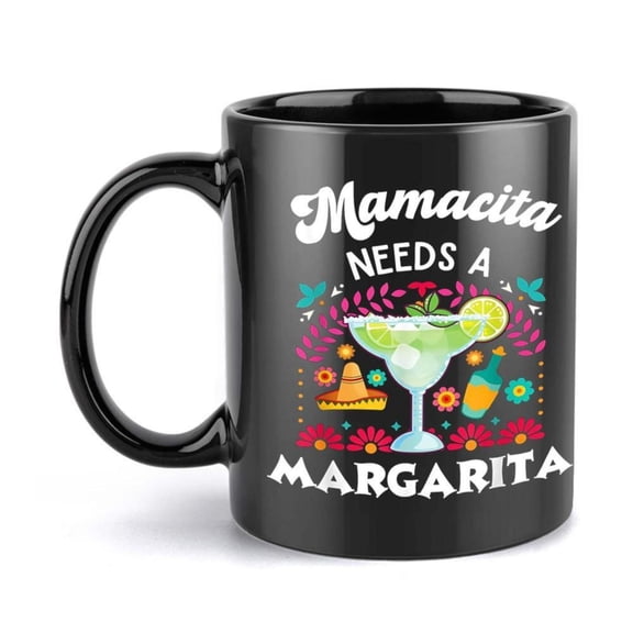 1pc 11oz Margarita Sombrero Coffee Mug Vibrant Mexican Themed Ceramic Cup with Mamacita Needs a Margarita Design Colorful Floral Sombrero Art Black Interior Contrast Birthday Holid