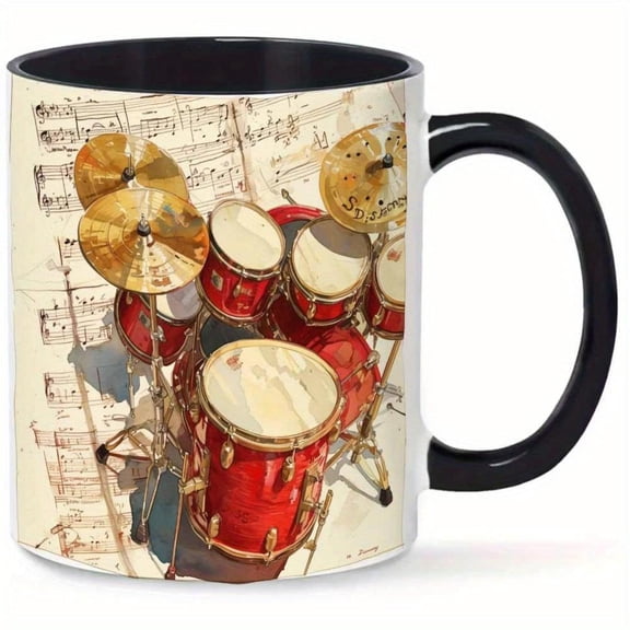 1pc 11oz Mug Watercolor Illustration of Red Drum Set with Sheet Music Background High Quality Ceramic