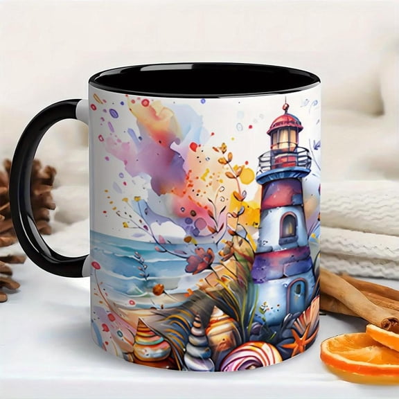 1pc 11oz Nautical Coffee Mug with Lighthouse Seashells Starfish Watercolor Design Coastal Beach Cup Tea Cocoa Dishwasher Ideal Sea Lovers Birthday Hou
