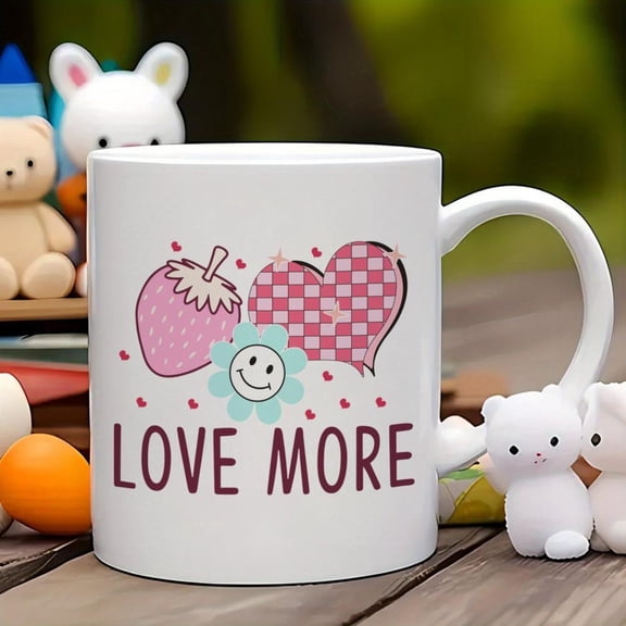 1pc 11oz Pink Blue Love Themed Ceramic Coffee Mug with Heart Strawberry Flower Design Smiling Face LOVE MORE Lettering Dishwasher Cup Couples Valentine s Gifts Birthdays Pink Bow Accent