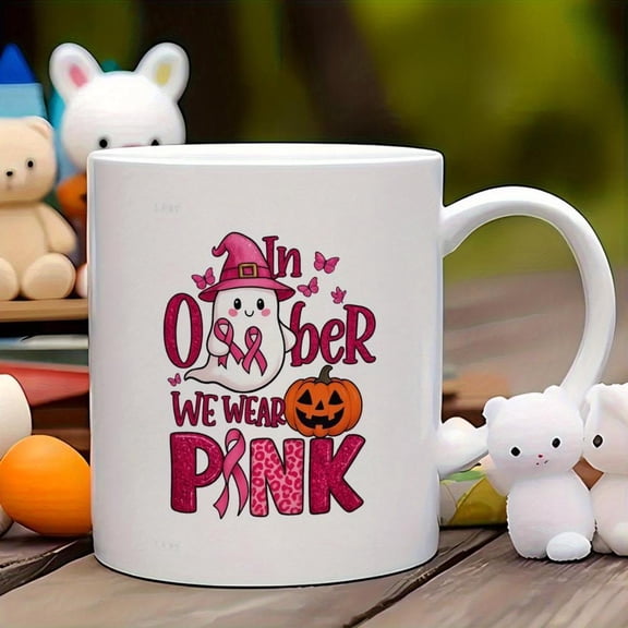 1pc 11oz Pink Ribbon Awareness Ceramic Coffee Mug with Halloween Pumpkin Ghost Design Breast Cancer Support Reusable Washable Cup Women Adults
