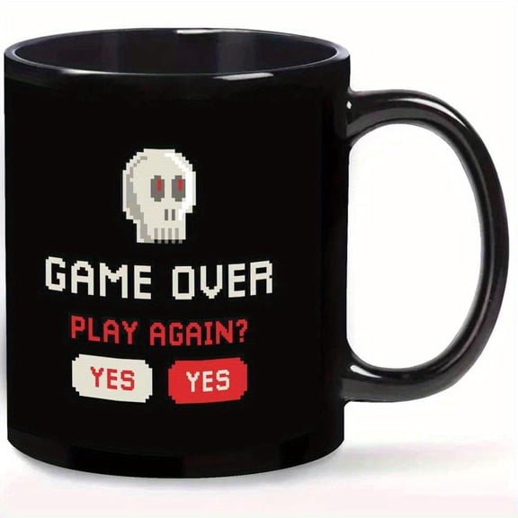 1pc 11oz Pixel Game Ceramic Mug Retro Video Game Theme with Game Over Design Black with Red White Text Halloween Christmas and More Hand Wash Only Cof