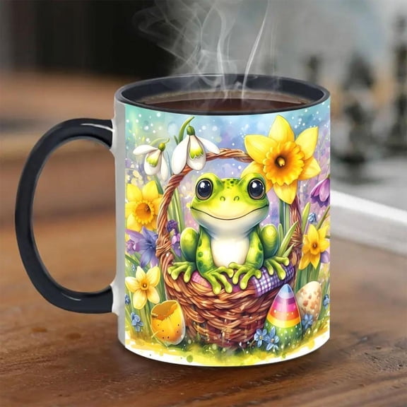 1pc 11oz Porcelain Mug with Cute Frog in Easter Basket Design Spring Floral Easter Eggs Durable Ceramic Cup Coffee Tea Wine