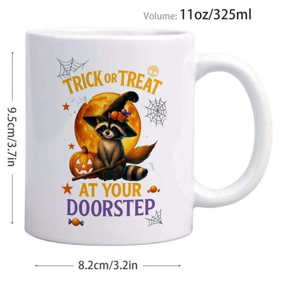 1pc 11oz Raccoon Moon Witch Hat Raccoon Halloween Mug Cute Raccoon in Witch Costume Coffee Cup with Trick or Treat At Your Doorstep Phrases Dishwasher