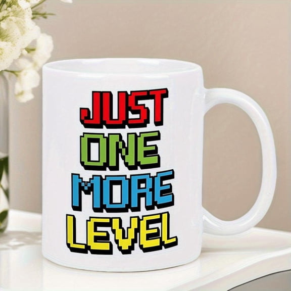 1pc 11oz Retro Gaming Ceramic Coffee Mug with Pixel Art Just One More Level Text Iconic Controller Design Dishwasher Durable Cup Gamers Men Women Home Office Coffee Bar Accessories