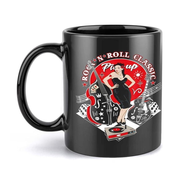1pc 11oz Rock n Roll Classic Music Coffee Mug Vintage Pin Up Girl Musical Instruments Design Black Ceramic Cup with Red Accents Hot Cold Drinkware Birthdays Holidays Music Lovers R
