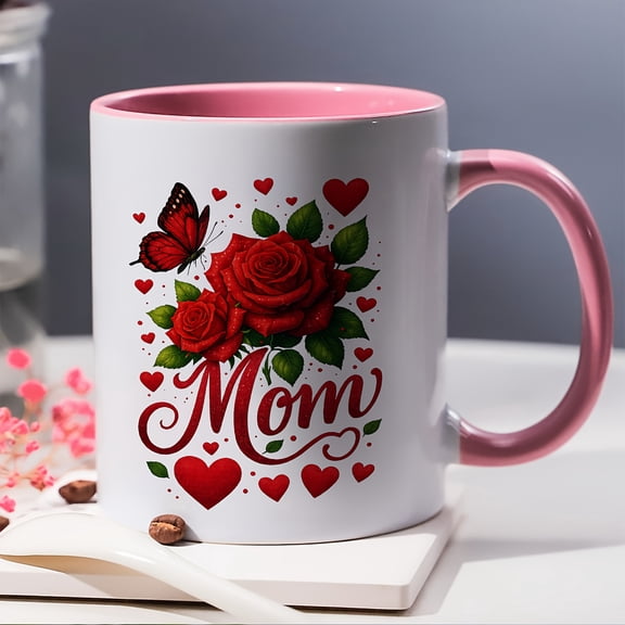 1pc 11oz Romantic Floral Ceramic Coffee Mug with Red Roses & Hearts Design - "Mom" Cursive Lettering, Elegant Gift for Mother'S Day, Birthday, Valentine'S Day - Durable Ceramic Cup for Hot/Cold Drink