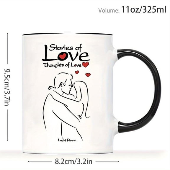 1pc 11oz Romantic Love Sketch Style Coffee Mug Heartwarming Couple Illustration Coffee Cup Black And White Line Art with Red Hearts Design Ideal Coupl