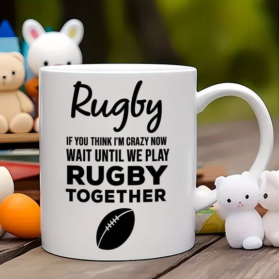 1pc 11oz Rugby-Themed Ceramic Coffee Mug with Rugby Logo & "If You for THINK I'm Crazy Wait Until We Play Rugby Together" Slogan - Dishwasher White Cup for Rugby Fans, Players, Teams - Motivational G