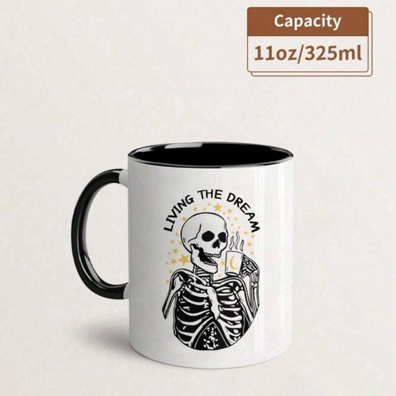 1pc 11oz Skull Coffee Mug LIVING DREAM Funny Skeleton Design Suitable Hot and Cold Drinks office Home Holidays Humor Coffee Lovers