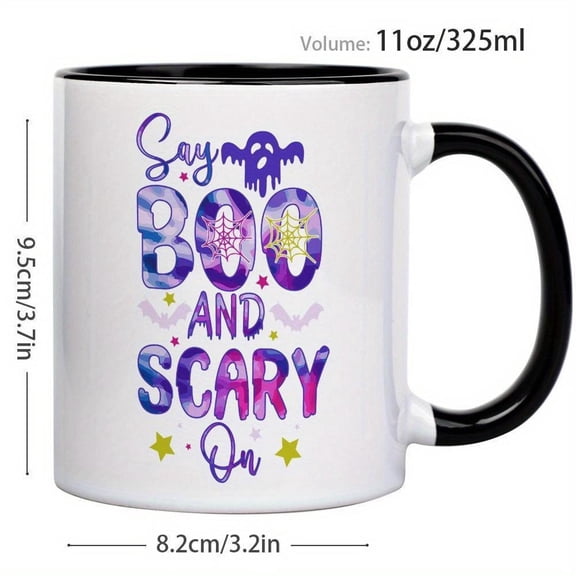 1pc 11oz Spooky Halloween themed ceramic coffee mug with bold purple and text design featuring bats ghosts stars and pumpkin Halloween party decor or