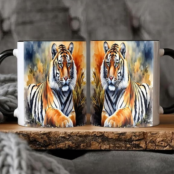 1pc 11oz Tiger Cartoon Porcelain Mug Vibrant Stripes Fierce Tiger Design Durable Coffee Tea Wine Milk Cup Hand Wash Only Unique Birthdays Halloween Ch