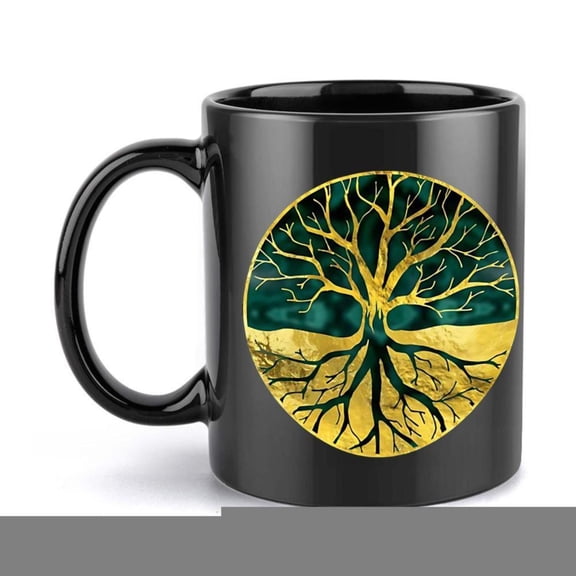 1pc 11oz Tree Roots Ceramic Coffee Mug Elegant Black with Golden Green Tree Design Summer Winter Drinks Ideal Birthday Holiday Christmas New Year Valentine S Day Coffee Bar Accessories