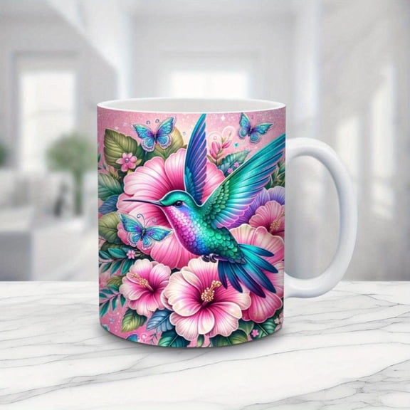 1pc 11oz Vibrant Hummingbird Ceramic Mug Colorful Floral Design Reusable Hand Wash Only Bird Lovers and Home Decor Coffee Mug