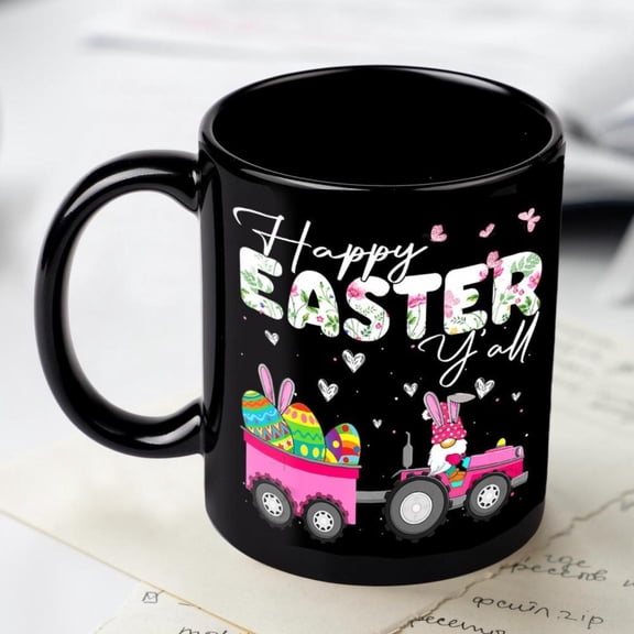1pc 11oz color ceramic mug Black coffee mug tea cup printed with Happy Easter and colorful bunny in a pink truck design Easter friends family or kids