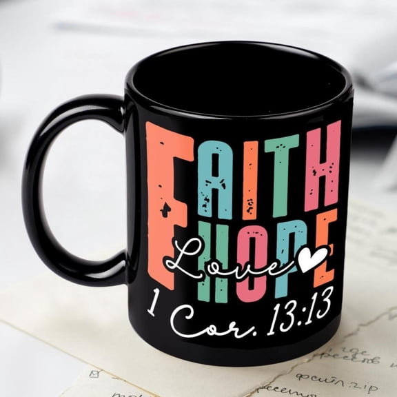 1pc 11oz color ceramic mug Faith Hope Love Ceramic Coffee Mug Tea Cup A mug printed with vibrant colorful text FAITH HOPE LOVE and Bible verse 1 Cor 13 13 in stylish typography A meaningful religious