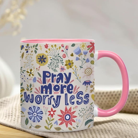 1pc 11oz color ceramic mug Inspiring coffee mug tea cup printed with beautiful Pray More Worry Less Bible verse and floral patterns ideal birthday Christmas thank you friends family
